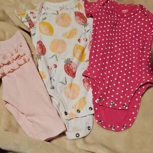 Carter's Baby girl onesie Pants Set - Pink and Fruit Print 0-3m 3pc bundle